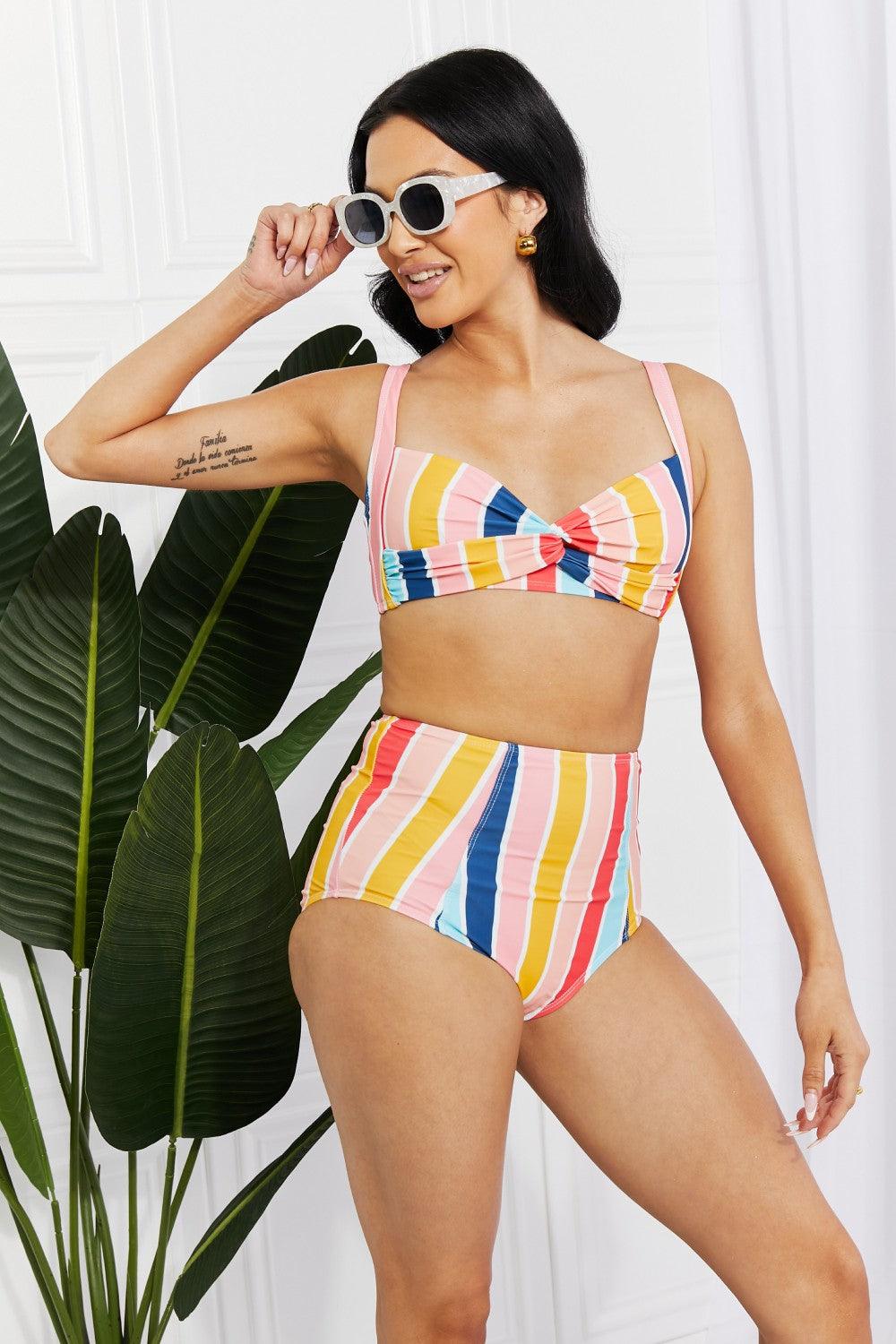 Marina West Swim Take A Dip Twist High-Rise Bikini in Stripe Swimwear