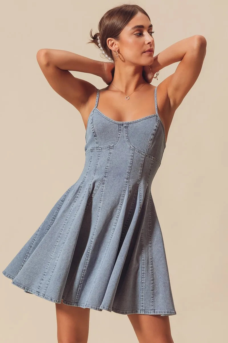 Light blue SO ME A-line fit and flare denim mini dress