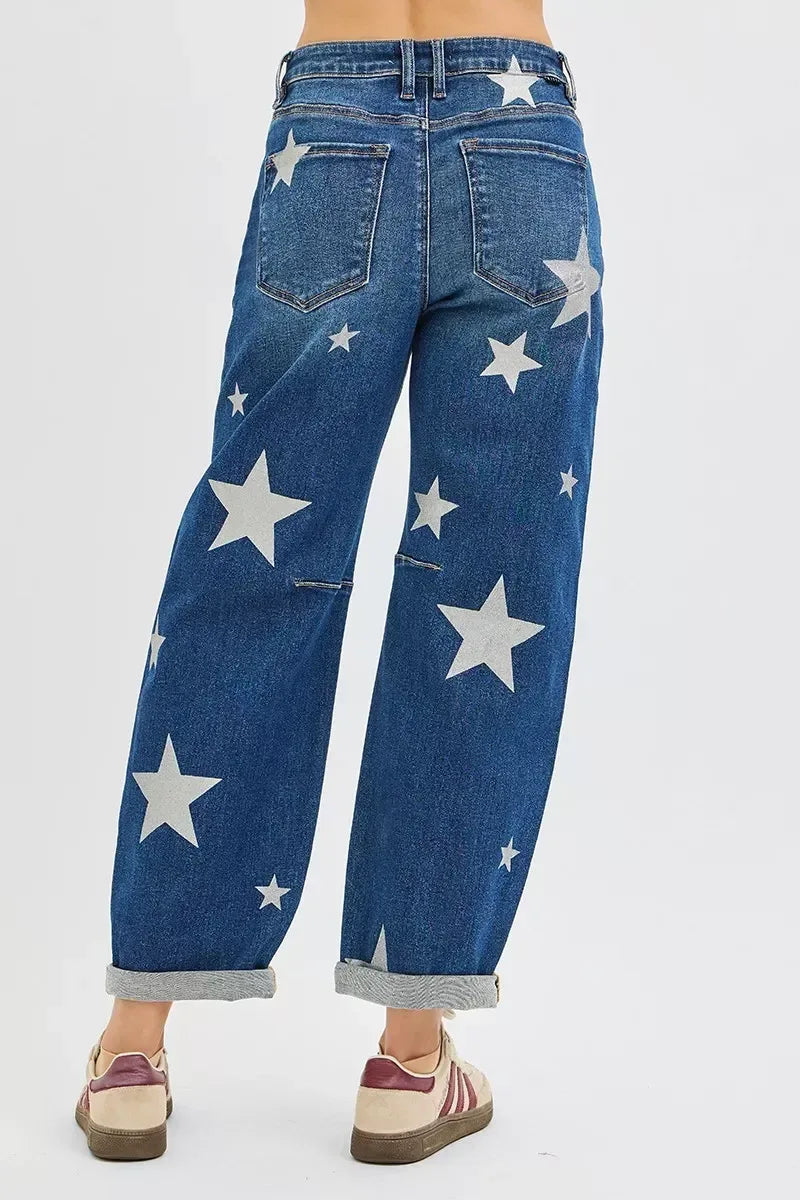 RISEN Mid Rise Ankle Length Relaxed Barrel Star Printed Jeans - DAVERRI FASHIONS