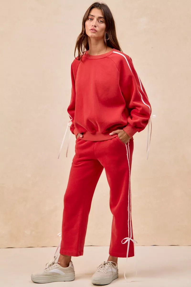 Red velour BiBi side lined bow details fleece sweatpants, UO brand