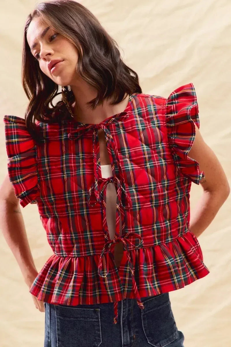 SO ME Christmas Holiday Plaid Ruffled Quilt Vest Top - DAVERRI FASHIONS
