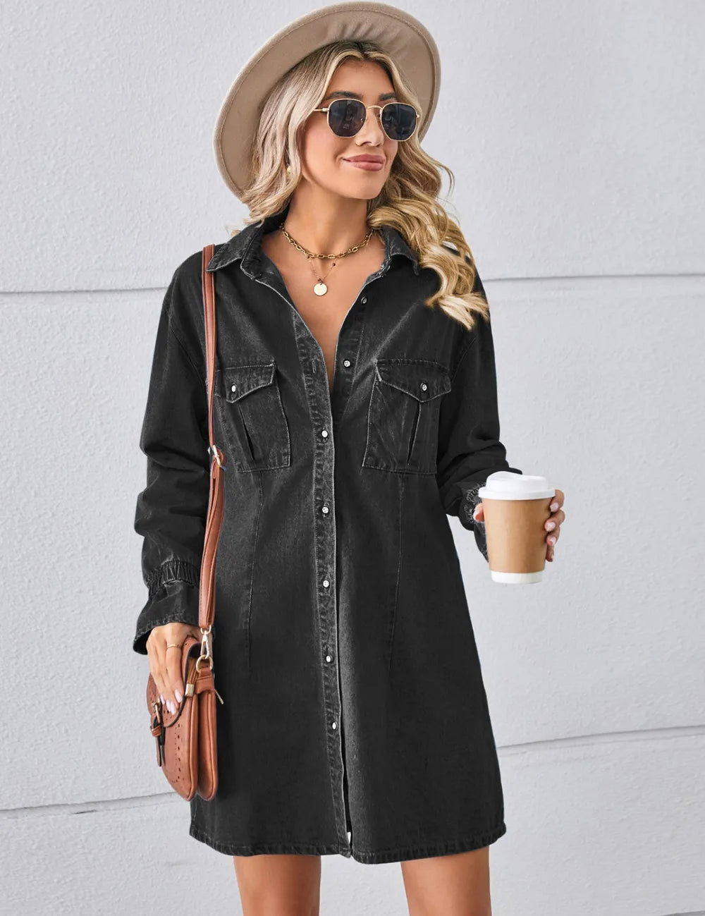 Black Pocketed Dropped Shoulder Mini Denim Dress | Dresses Daverri Fashions