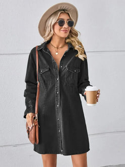 Pocketed Dropped Shoulder Mini Denim Dress - DAVERRI FASHIONS
