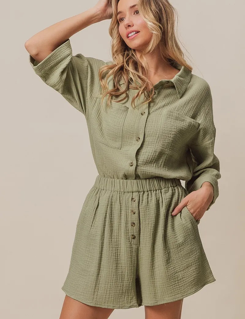 SAGE BiBi Crinkle Gauze Shirt and Short Set | Outfit Sets Daverri Fashions