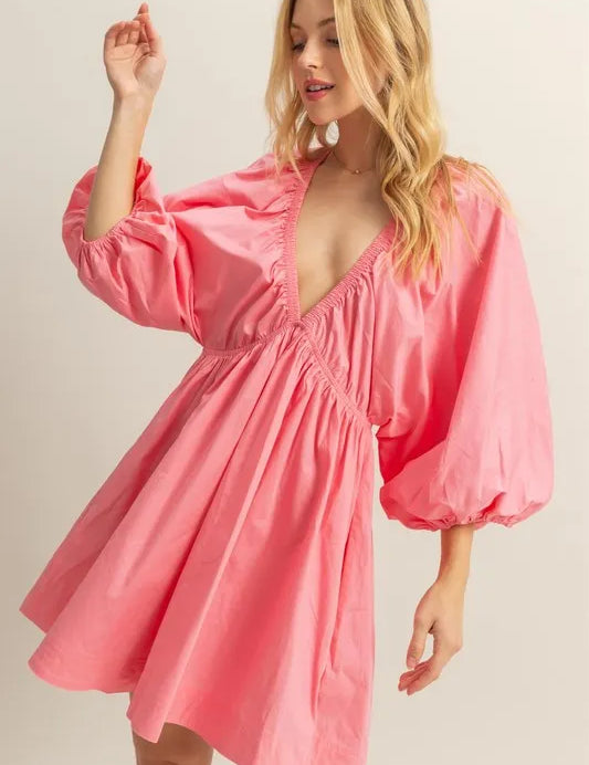Coral HYFVE Plunge Balloon Sleeve Poplin Mini Dress with Pockets | Mini Dresses Daverri Fashions