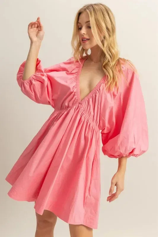 HYFVE Plunge Balloon Sleeve Poplin Mini Dress with Pockets - DAVERRI FASHIONS