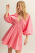 HYFVE Plunge Balloon Sleeve Poplin Mini Dress with Pockets - DAVERRI FASHIONS