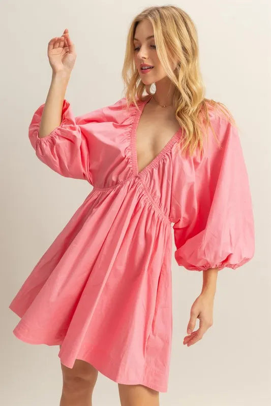 HYFVE Plunge Balloon Sleeve Poplin Mini Dress with Pockets Coral Mini Dresses