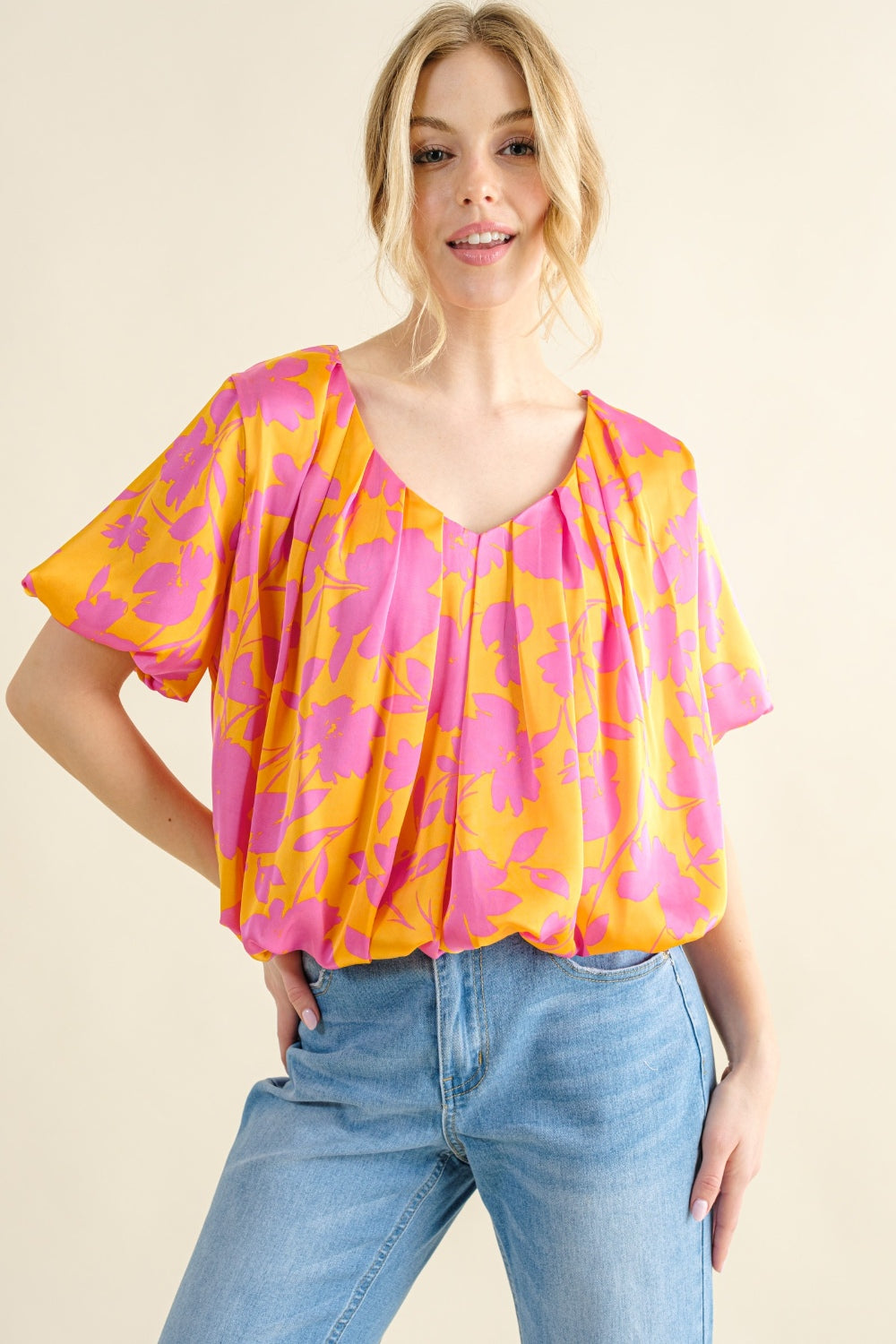 And The Why Full Size Printed Satin Bubble Hem Top Citrus