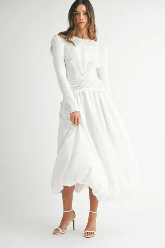 MABLE Ribbed Poplin Mix Midi Sweater Dress Off White