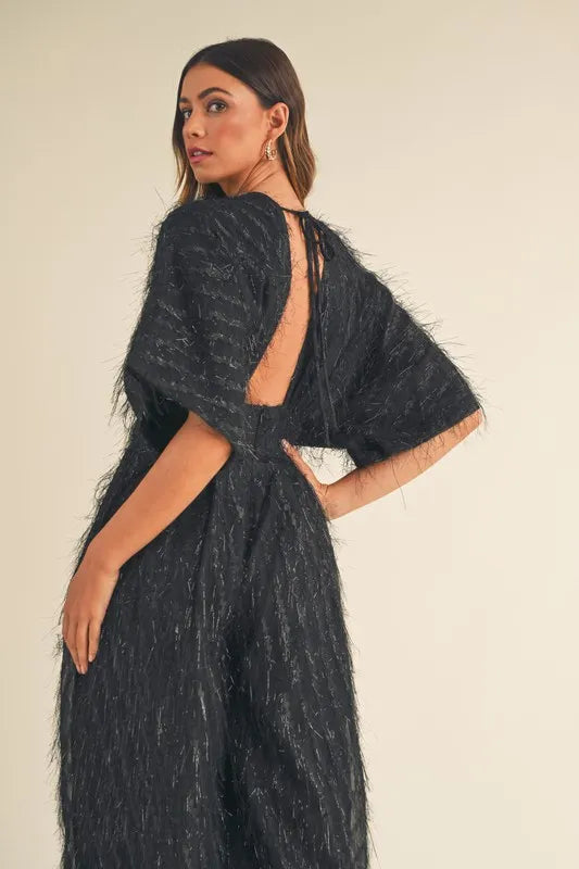 MABLE Fluffy Deep V Neck Wide Leg Jumpsuit Jumpsuits