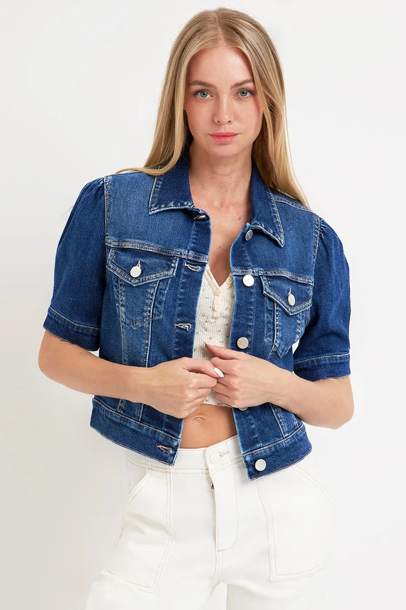 RISEN Puffed Short Sleeve Crop Denim Jackets DARK Denim Jackets
