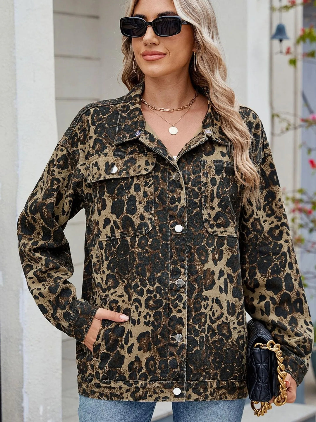 Leopard Print Oversized Denim Jacket | Denim Jackets Daverri Fashions