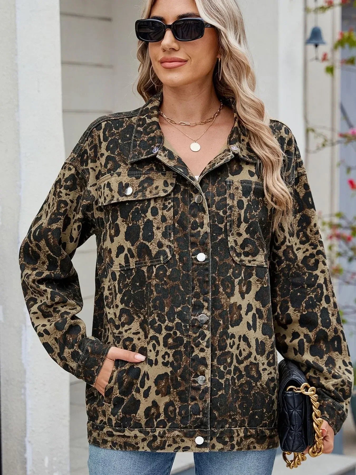 Leopard Print Oversized Denim Jacket - DAVERRI FASHIONS