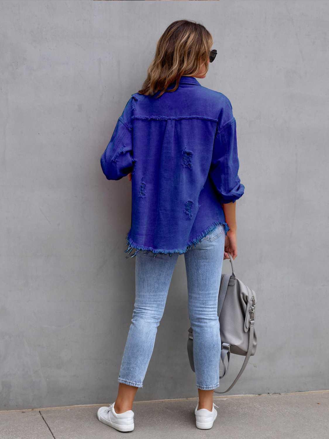 Distressed Drop Shoulder Denim Jacket - DAVERRI FASHIONS