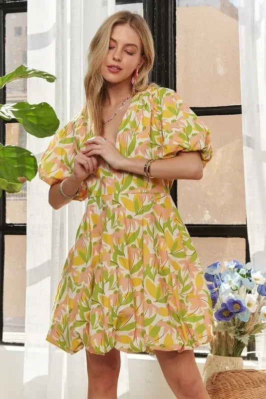 ADORA Puff Sleeve Floral Dress Yellow - DAVERRI FASHIONS