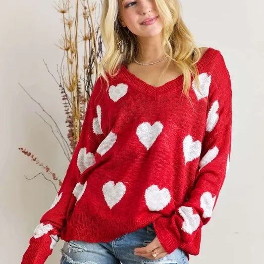 RED ADORA Plus Size Heart V-Neck Knit Top | Sweaters Daverri Fashions