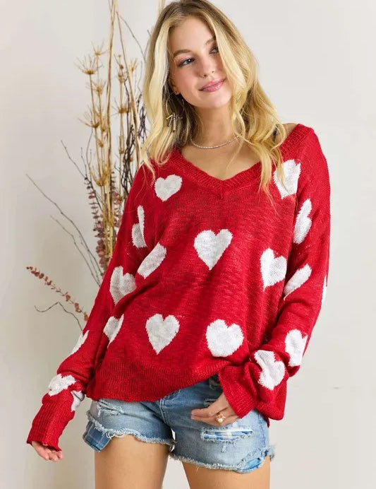 RED ADORA Plus Size Heart V-Neck Knit Top | Sweaters Daverri Fashions