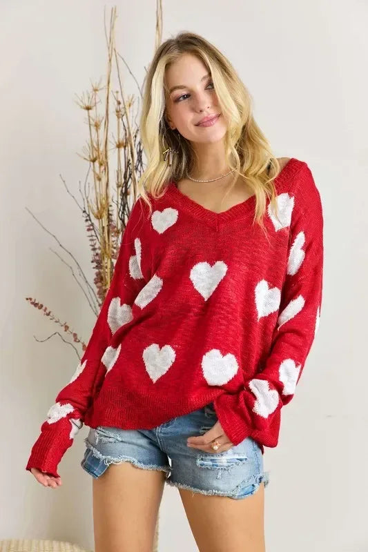 ADORA Plus Size Heart V-Neck Knit Top - DAVERRI FASHIONS