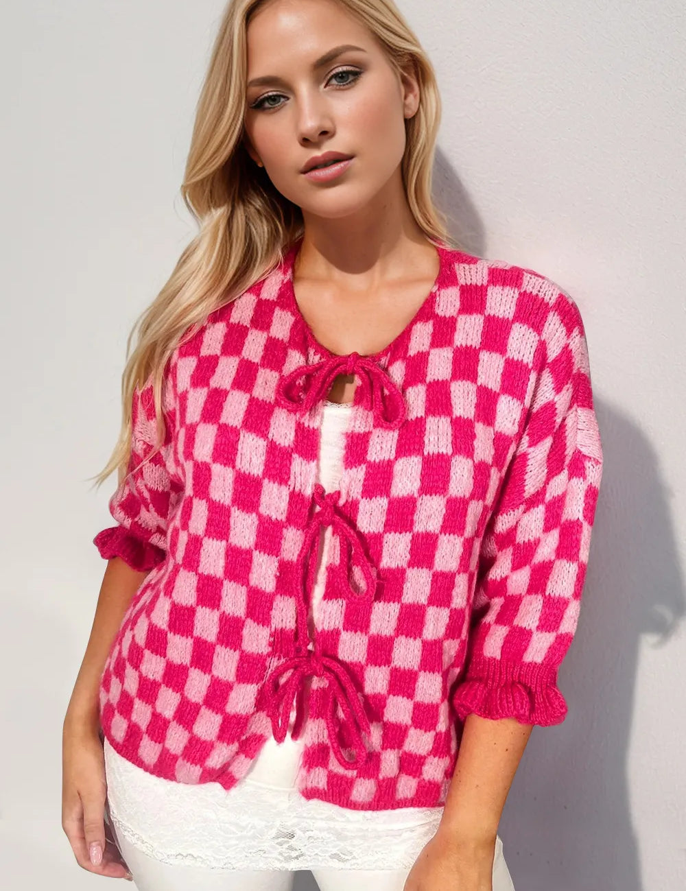 Double Take Tied Checkered Dropped Shoulder Flounce Sleeve Cardigan | Cardigans Daverri Fashions