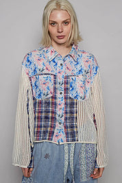 POL Floral Slit Back Plaid Patchwork Shirt | Shirt Daverri Fashions
