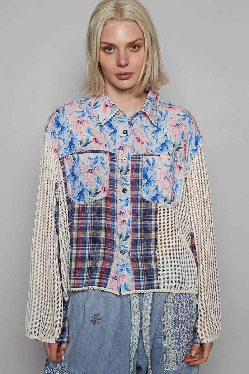 POL Floral Slit Back Plaid Patchwork Shirt Shirt