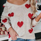 Beige off-the-shoulder heart scoop neck long sleeve knit sweater
