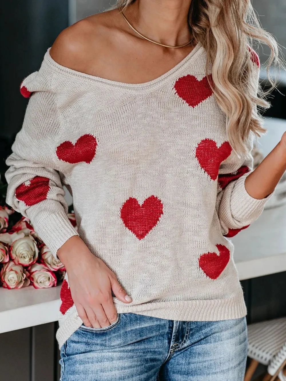 Beige off-the-shoulder heart scoop neck long sleeve knit sweater