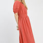 Umgee zip-front smocked waist salmon midi dress with puffed sleeves