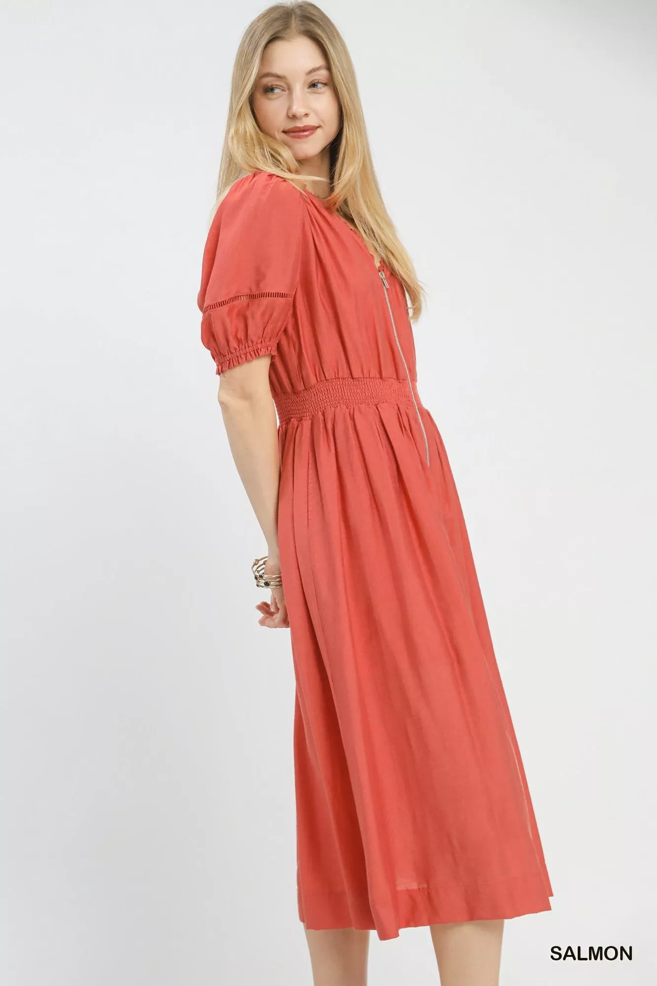 Umgee zip-front smocked waist salmon midi dress with puffed sleeves