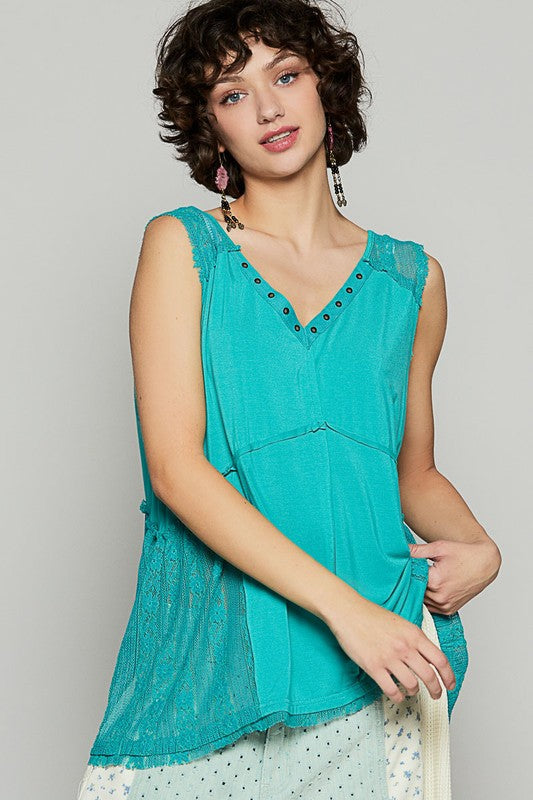 POL Lace Detail Studded Crisscross Back V-Neck Sleeveless Top Turquoise