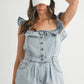 MABLE Off Shoulder Ruffle Detail Denim Romper Rompers