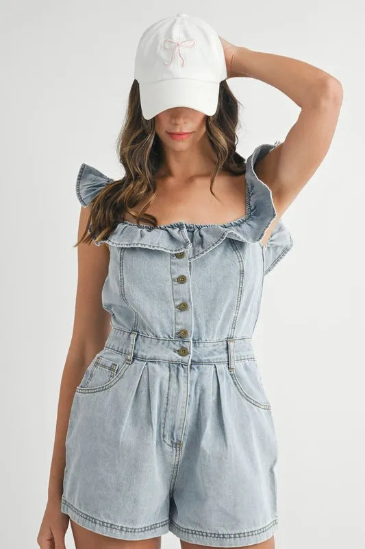 MABLE Off Shoulder Ruffle Detail Denim Romper Rompers
