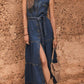 Button front sleeveless denim dress with belt tie and ruffle hem
