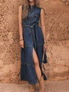 Button front sleeveless denim dress with belt tie and ruffle hem