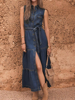 Button front sleeveless denim dress with belt tie and ruffle hem