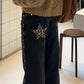 Leopard Star Patches wide leg jeans with dark wash denim, leopard print star patch, and silver studs