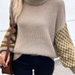 Beige and olive green checkered turtleneck sweater with textured knit body