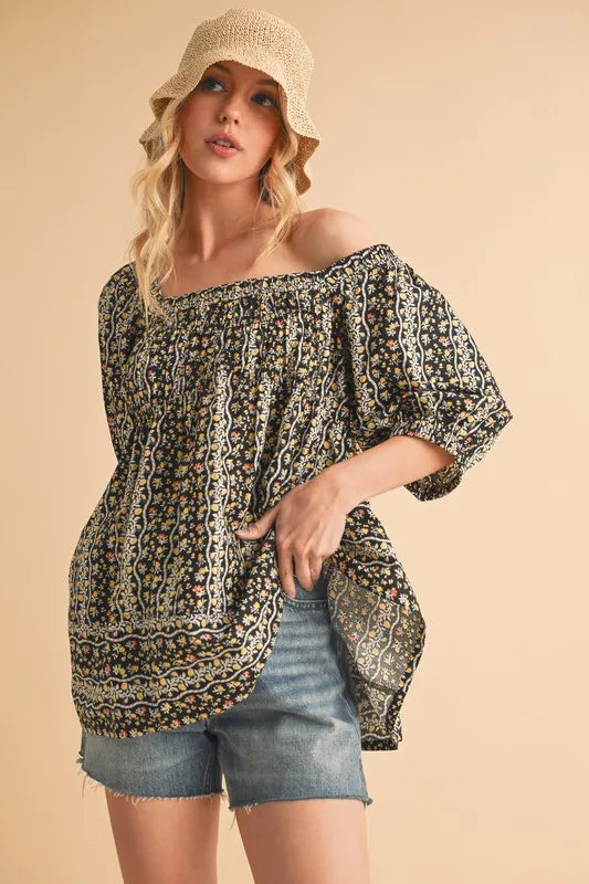 Aemi+Co Floral Short Sleeve Babydoll Top BLACK GOLDEN