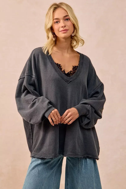 BiBi Mineral Washed French Terry Oversized Sweatshirt - DAVERRI FASHIONS