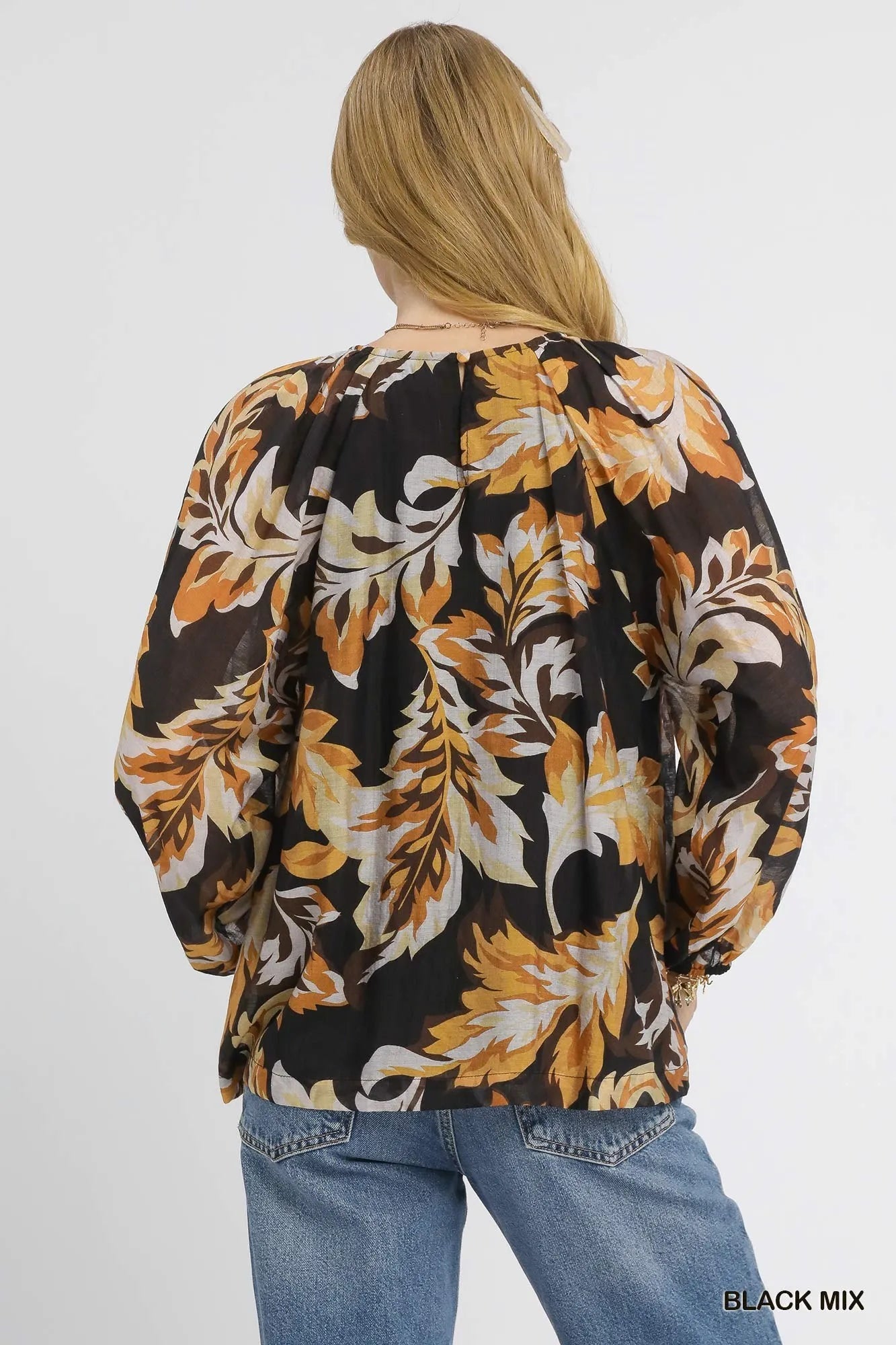 Umgee Autumn Leaf Print Balloon Sleeve Blouse Blouses