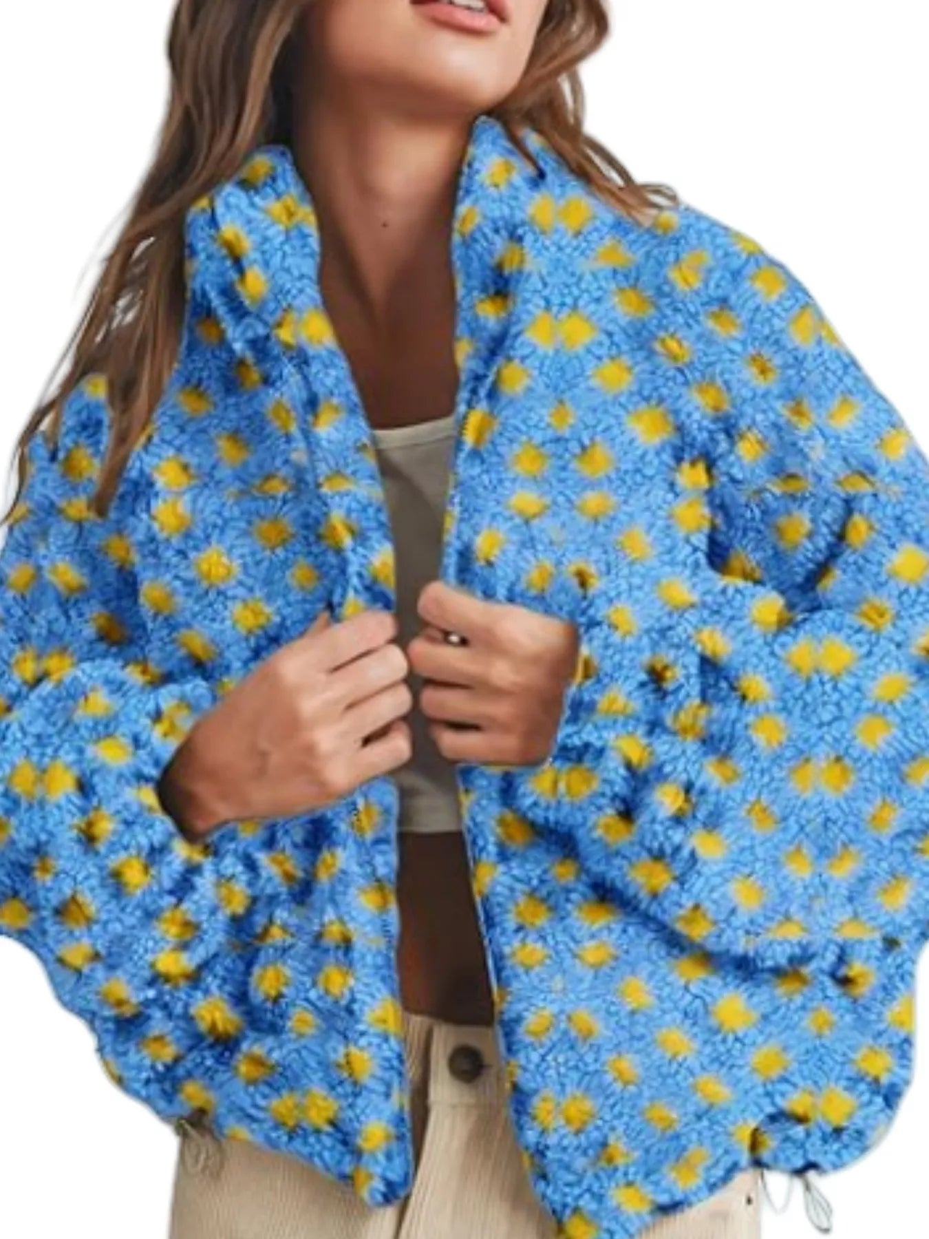 Daverri plaid zip-up sherpa jacket in blue and yellow daisy pattern