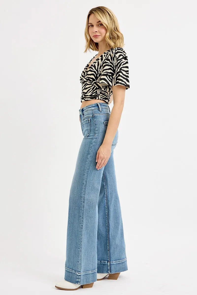 RISEN Full Size High Rise Wide Flare Patch Pocket Jeans | Jeans Daverri Fashions