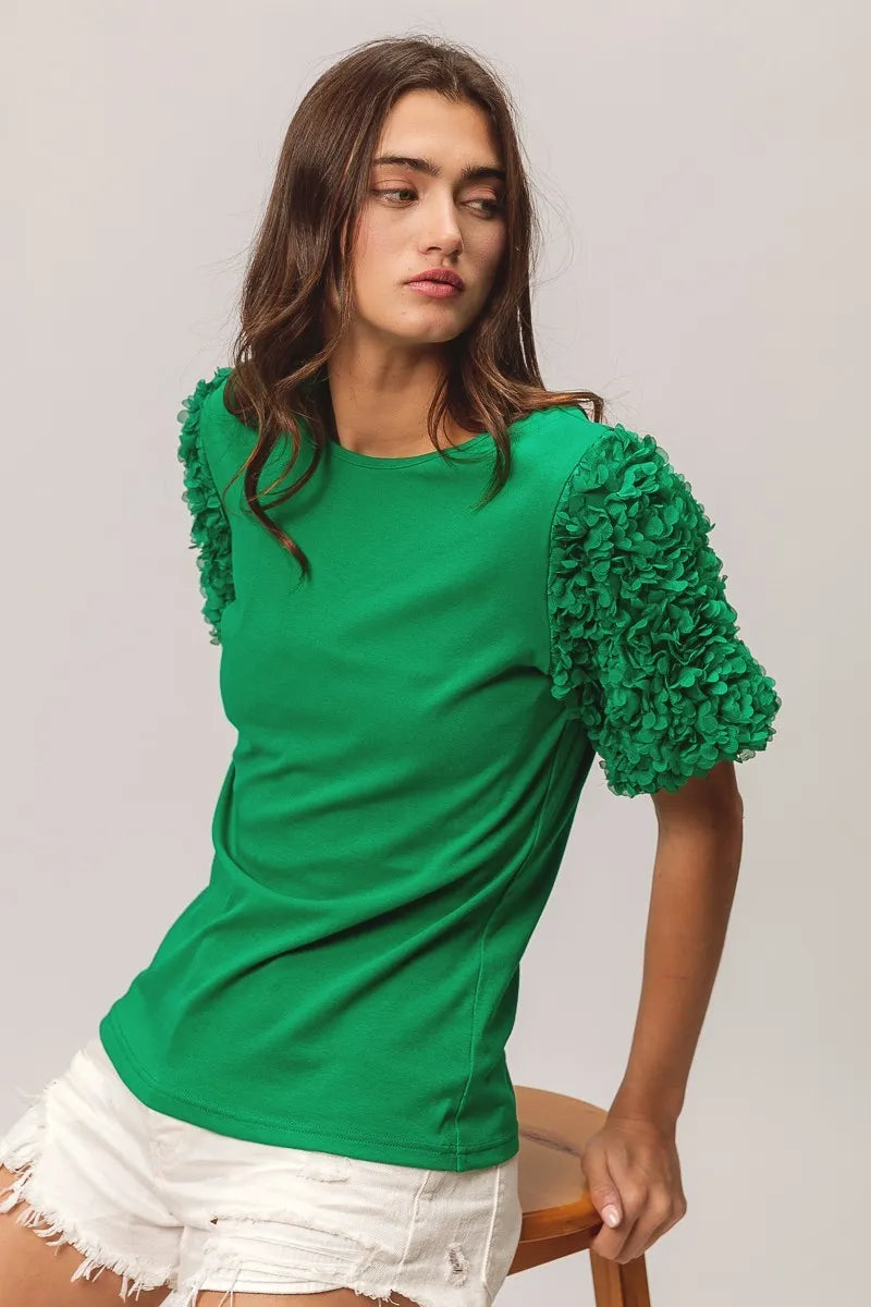 BiBi Short Mesh Flower Sleeve Knit Top JADE Tops