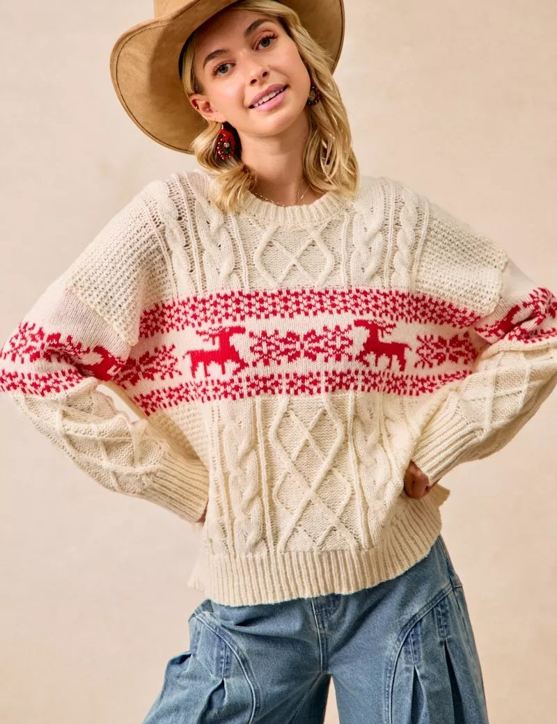 BiBi Christmas Theme Patterned Cable Knit Sweater | Daverri Fashions