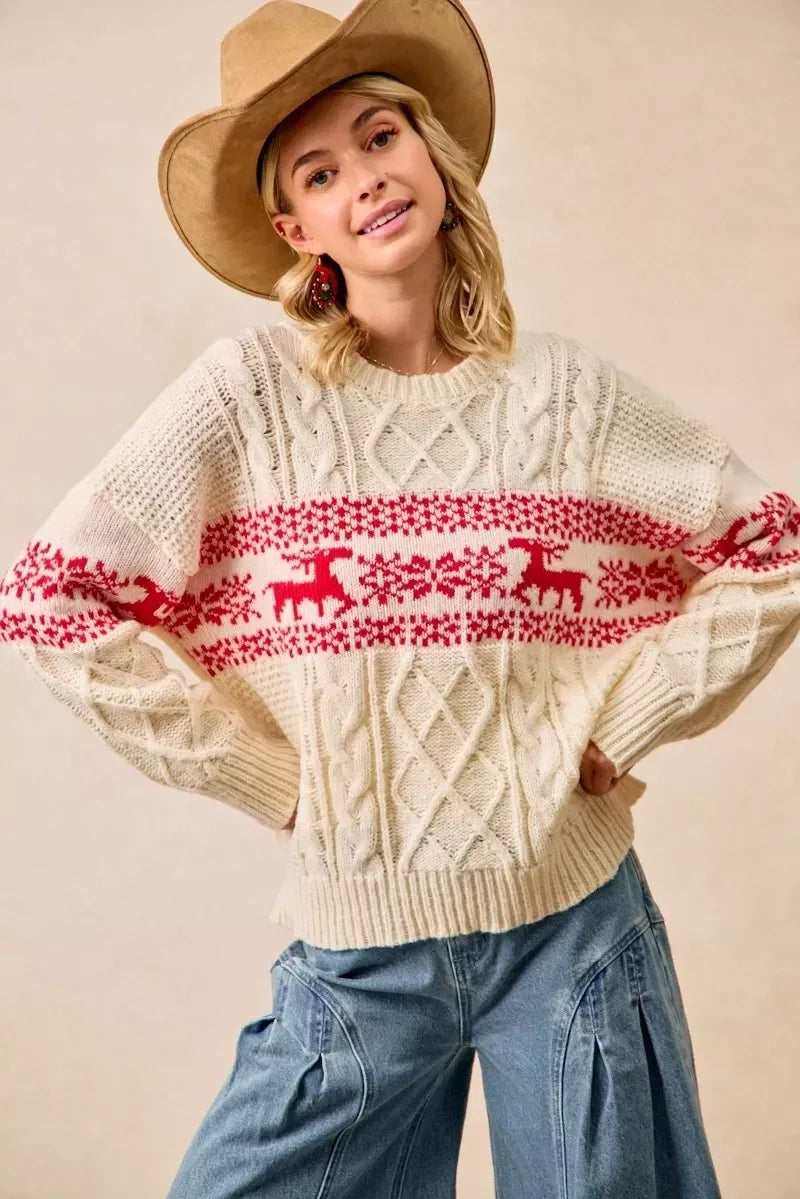 BiBi Christmas Theme Patterned Cable Knit Sweater - DAVERRI FASHIONS