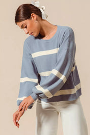 SO ME Ribbed Striped Round Neck Sweater in blue and white