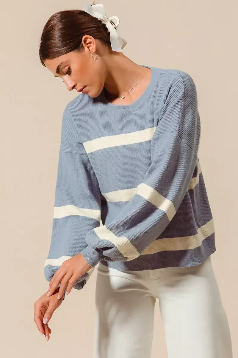SO ME Ribbed Striped Round Neck Sweater - DAVERRI FASHIONS