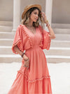 Coral tassel trim smocked V-neck flutter sleeve ruffle hem dress