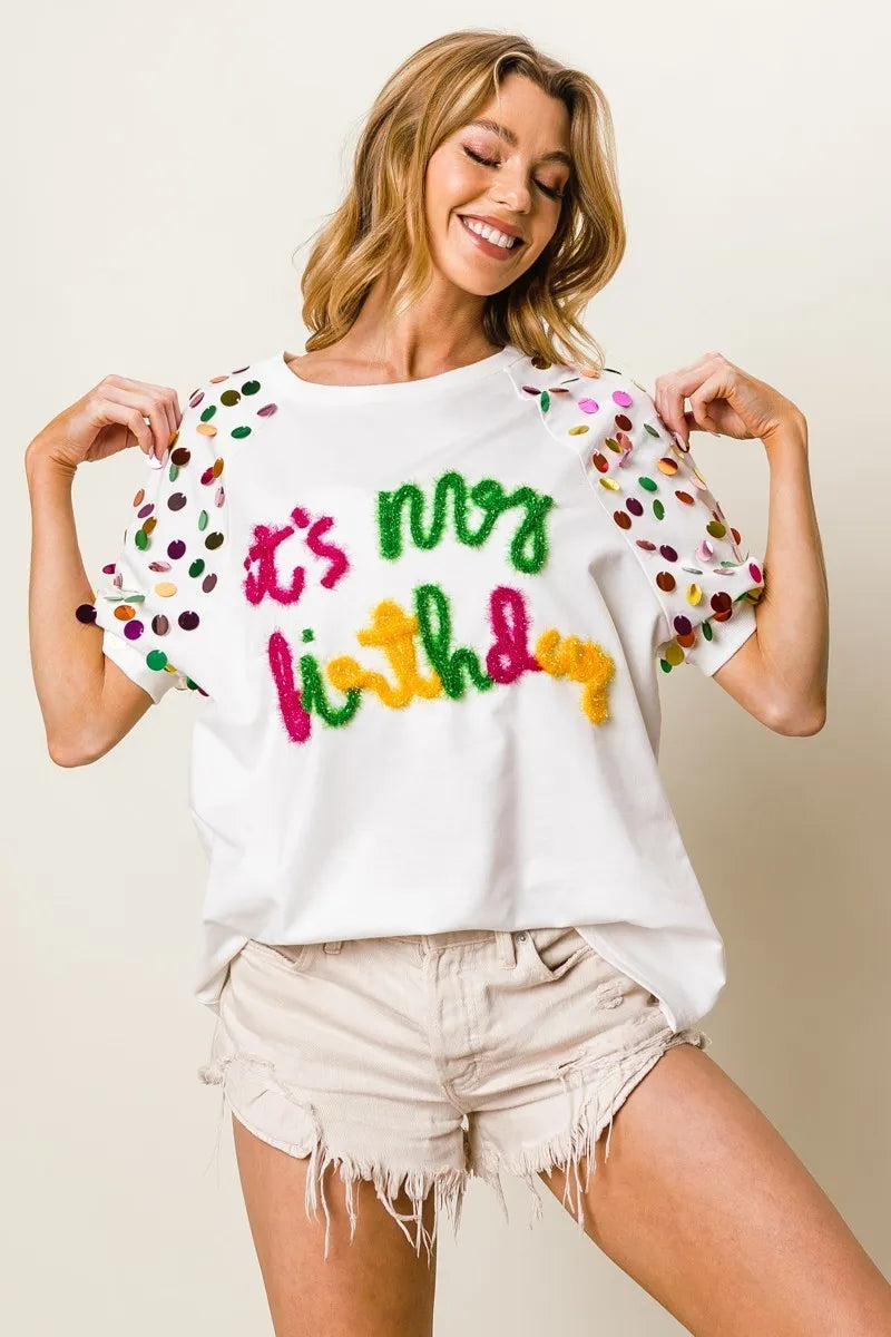 BiBi Metallic Letter Spangle Raglan Puff Sleeve Top Tops